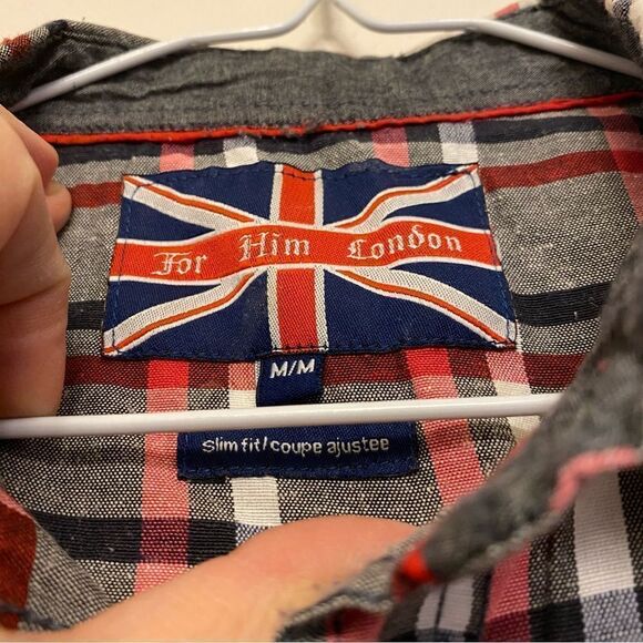 FOR HIM LONDON Union Jack Label casual Button Up Plaid Slim Fit Shirt -M - Picture 4 of 8